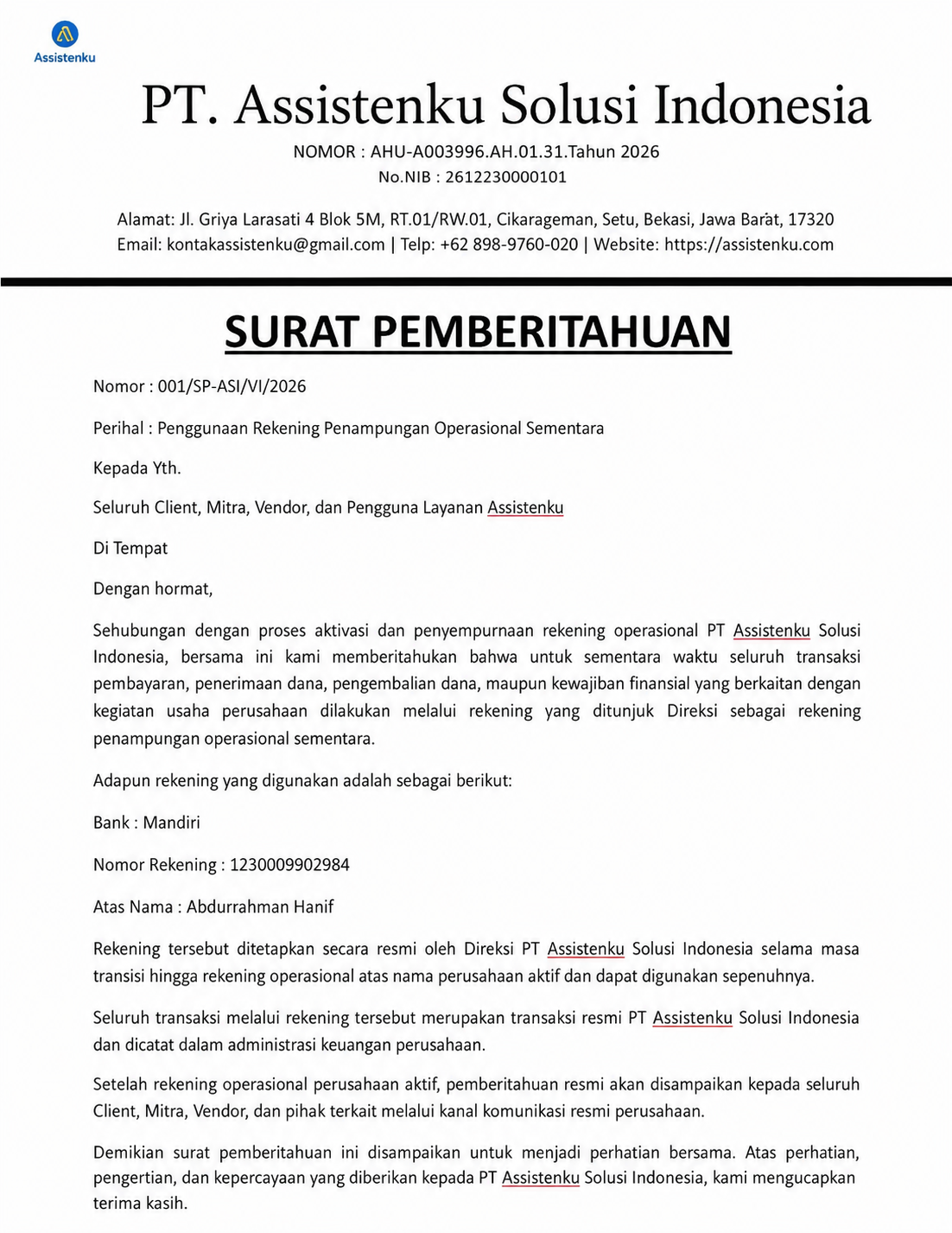 Surat Pemberitahuan Rekening Operasional Sementara